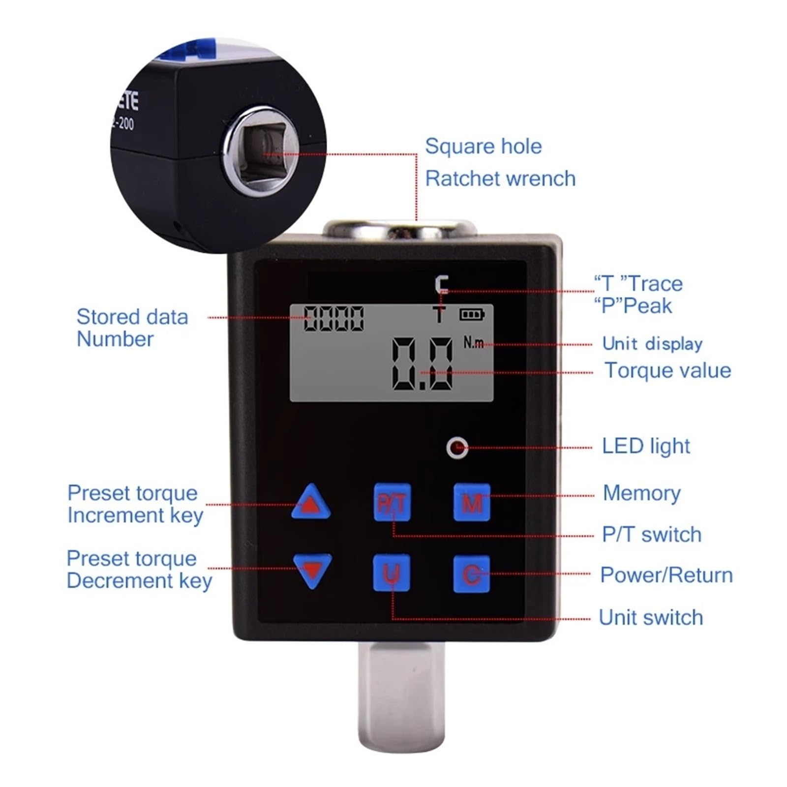 NURII Misuratore di Coppia Digitale, 0,3-340 NM Adattatore for misuratore di Coppia Regolabile Chiave dinamometrica Elettronica Professionale Strumenti di Riparazione universali (Size : 2-200)