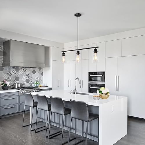 Miniatura 5 de Yarlkav Iluminación de isla de cocina, 3 luces lineales, lámparas colgantes rectangulares para comedor, casa de campo con pantallas de vidrio (negro)