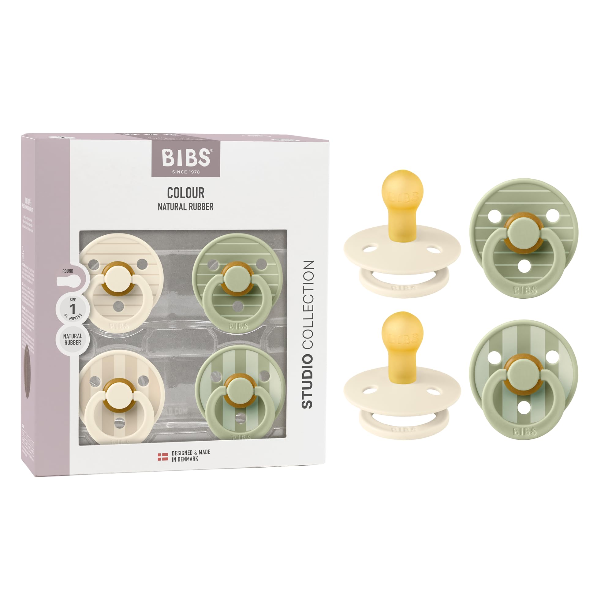 BIBS Colour Studio Schnuller 4er-Pack, BPA-frei, Kirschform Nippel. Naturkautschuk/Latex, Hergestellt in Dänemark, Größe 1 (0-6 Monate), Ivory/Sage