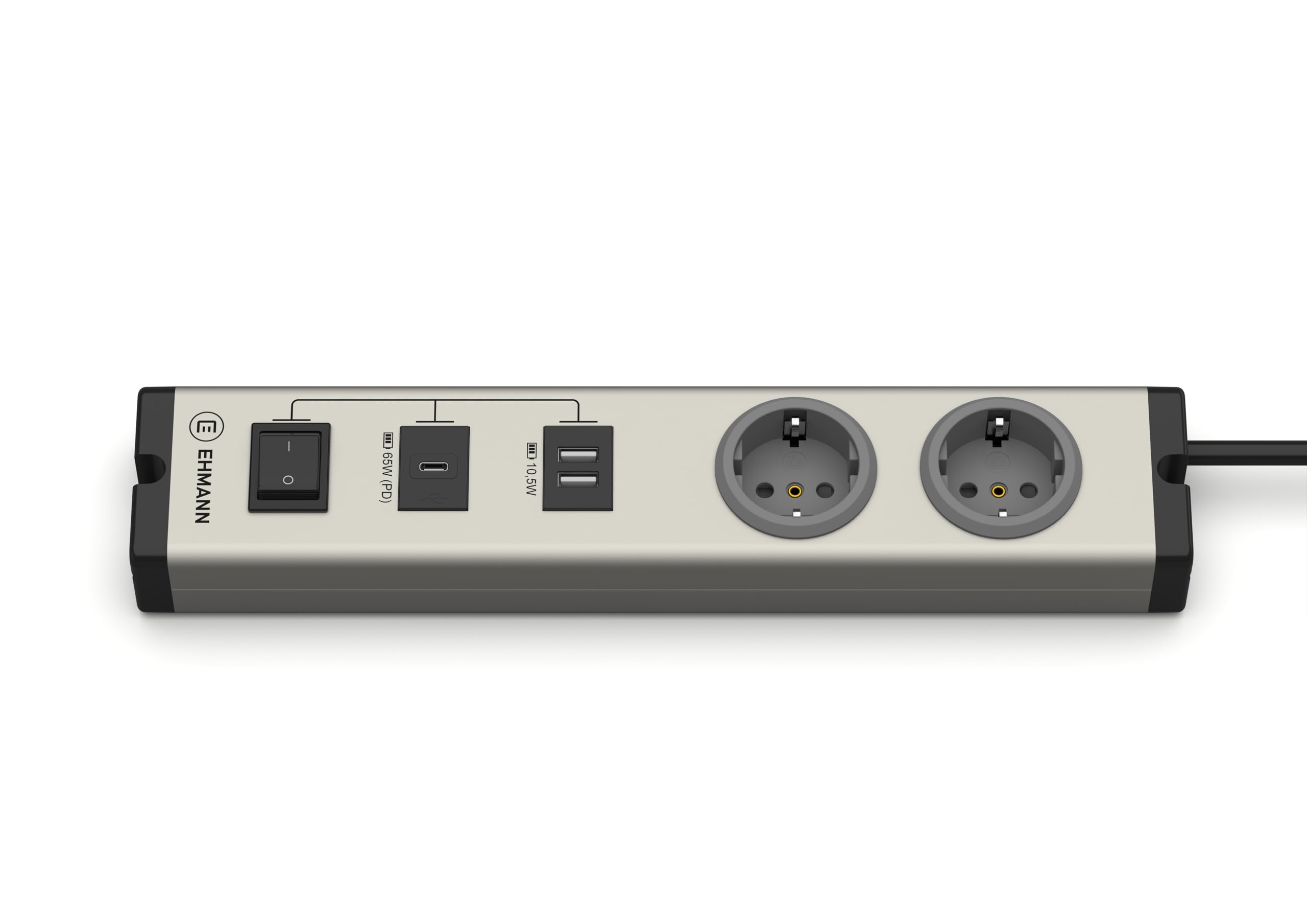 EHMANN 0601x0o022031 Multilader Steckdosenleiste, Aluminium, 2-Fach, 1x USB-C 65W Schnellader + 2X USB-A, 1,5 m Zuleitung