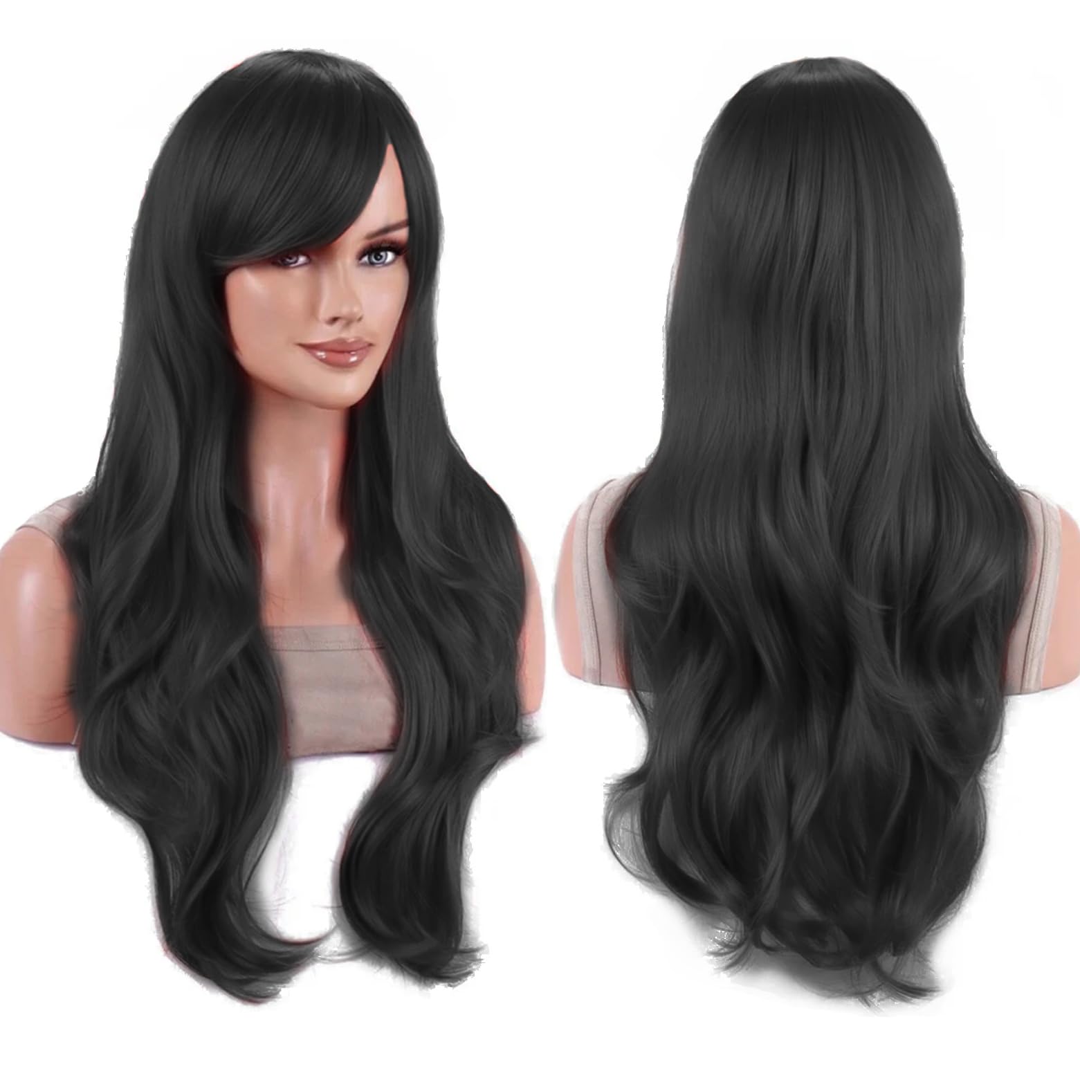 IMISSU 28 Inch/70cm Long Hair Water Wavy Wigs with Bangs Cosplay Costume Wig (Black), 23 cm x 16 cm