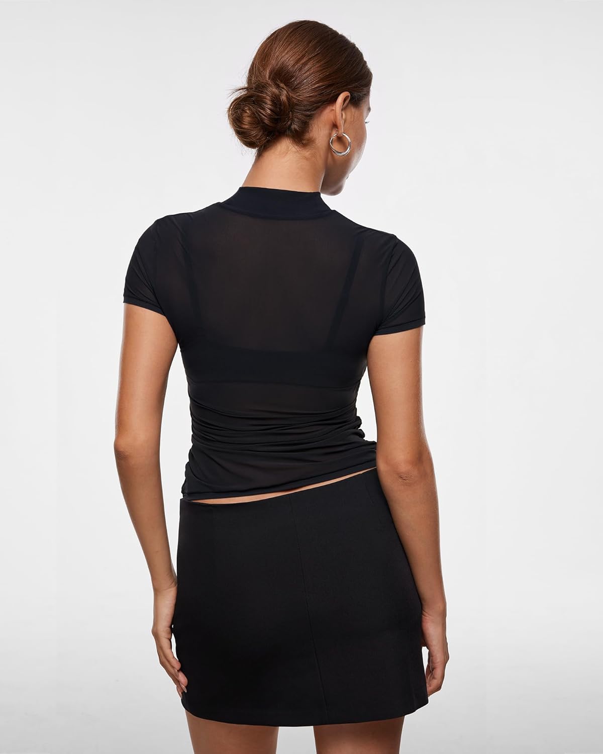 INLYRIC Women's Cosnufy Mesh Sheer Short Sleeve Shirts See Through Mock Neck Ruched Summer Going Out Tops Sexy Tees - Image 5