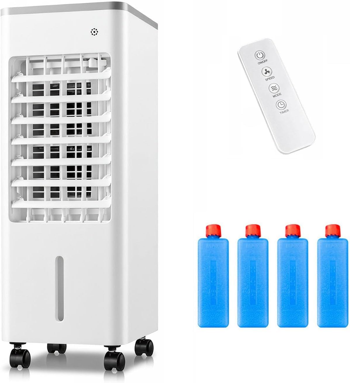 XAXEURLKJ Portable 4-in-1 Evaporative Air Cooler With Remote, 12l Water Tank, 3 Speeds, 4 Modes, 7.5h Timer, Rolling Casters - Ideal For Home, Bedroom, Office Use White 6l Water Tank