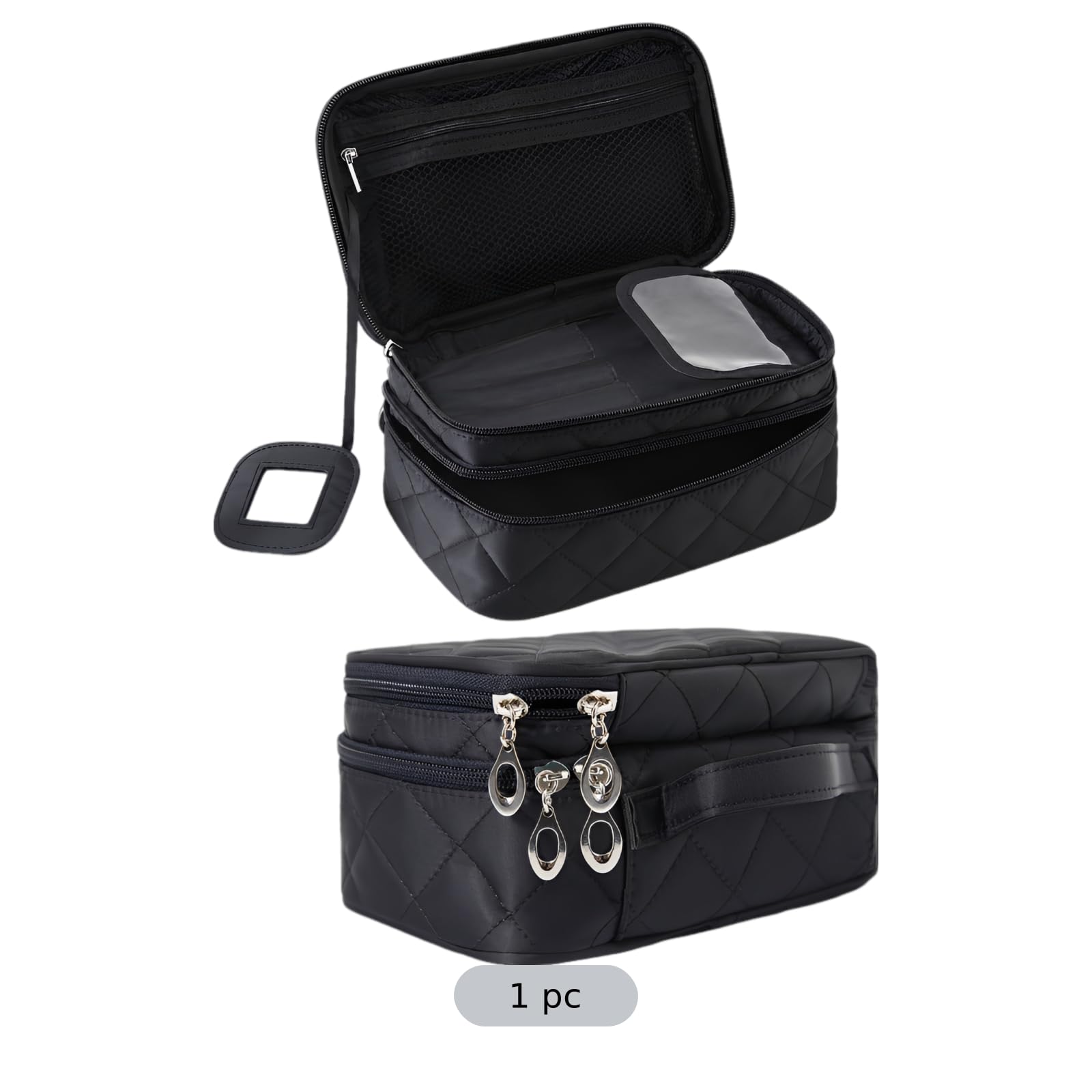 Kosmetiktasche mit Steppung, doppellagige Nylon Make-up Tasche mit Spiegel, wasserfeste Reise-Kosmetiktasche für Pinsel und Pflegeartikel, Hand-Organizer für Urlaub, Business und Training, Schwarz