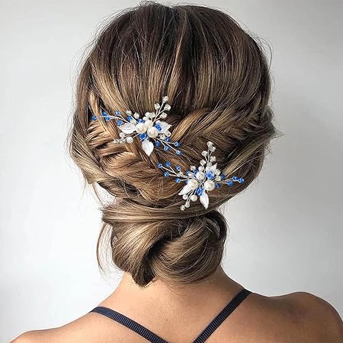 Miniatura 2 de Yikisdy Brides Blue - Horquillas para el pelo de boda con perlas, piezas de cabello de cristal plateado, clip para la cabeza de la hoja, accesorios