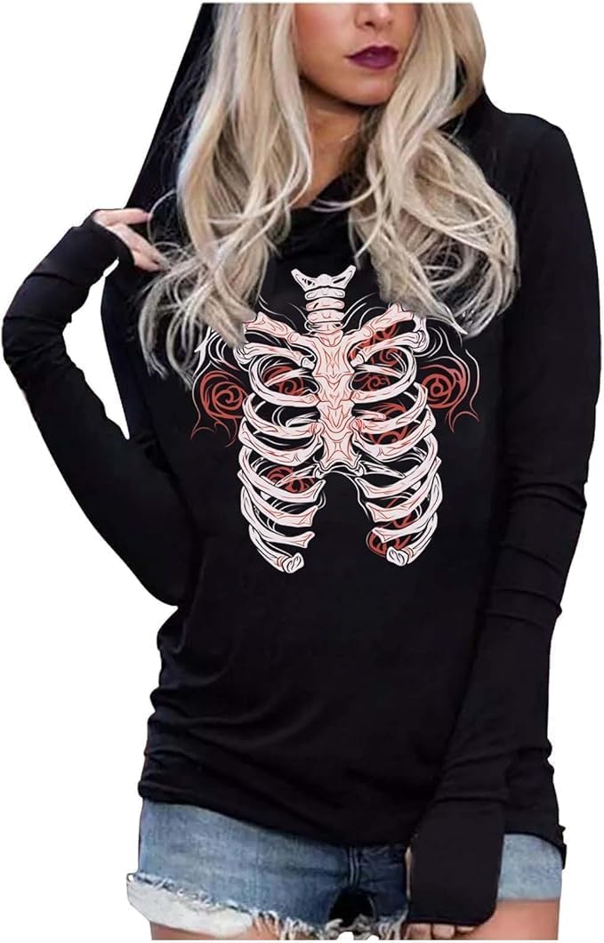 Halloween Horror Skull Silhouette Hoodie Women Long Sleeve Sweatshirt Novelty Pullover Hoodie