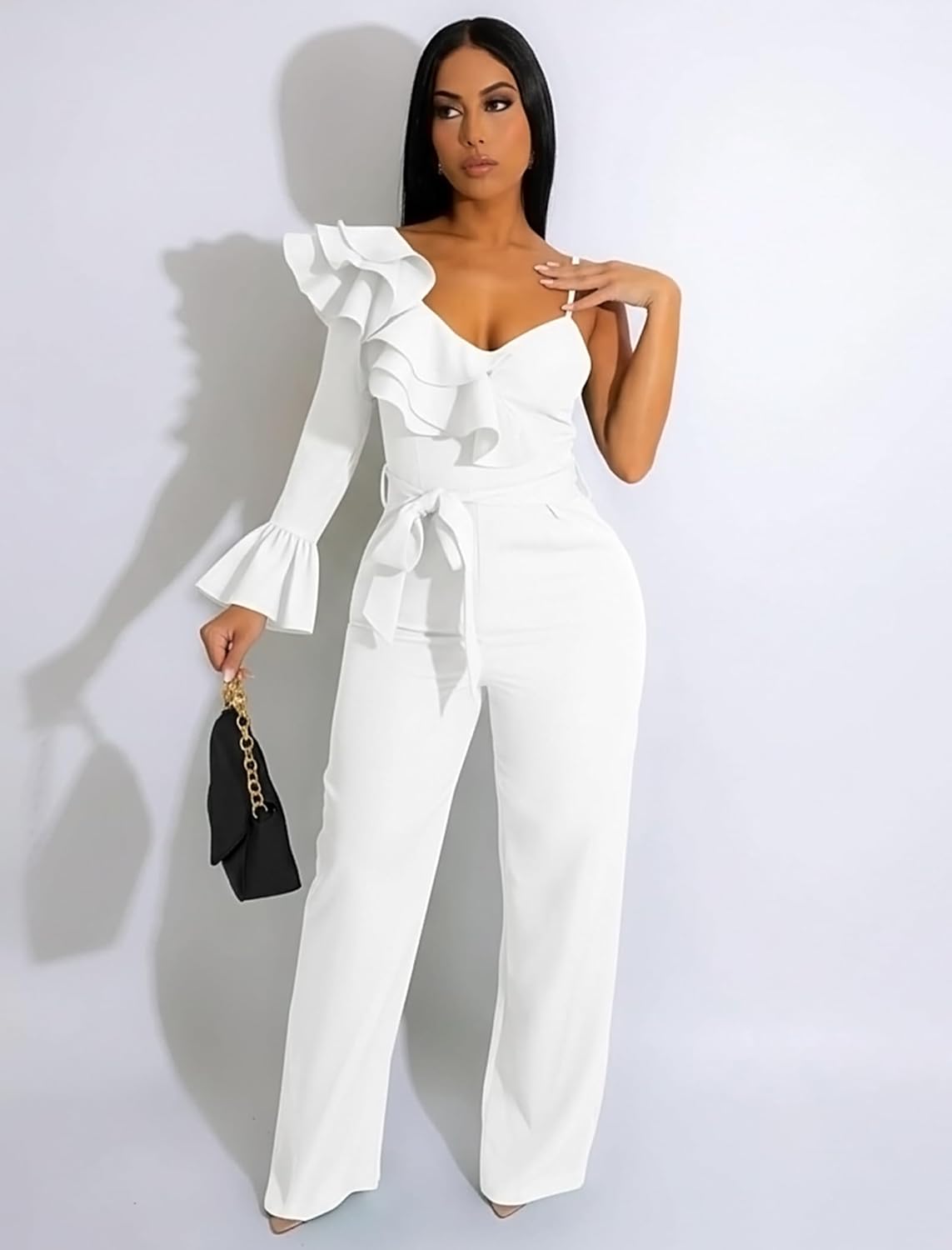 chicyes Women's Jumpsuits Dressy Off Shoulder Long Sleeve V Neck Rompers Wide Leg Pants Summer Vacation Sexy Club Outfits - Image 2