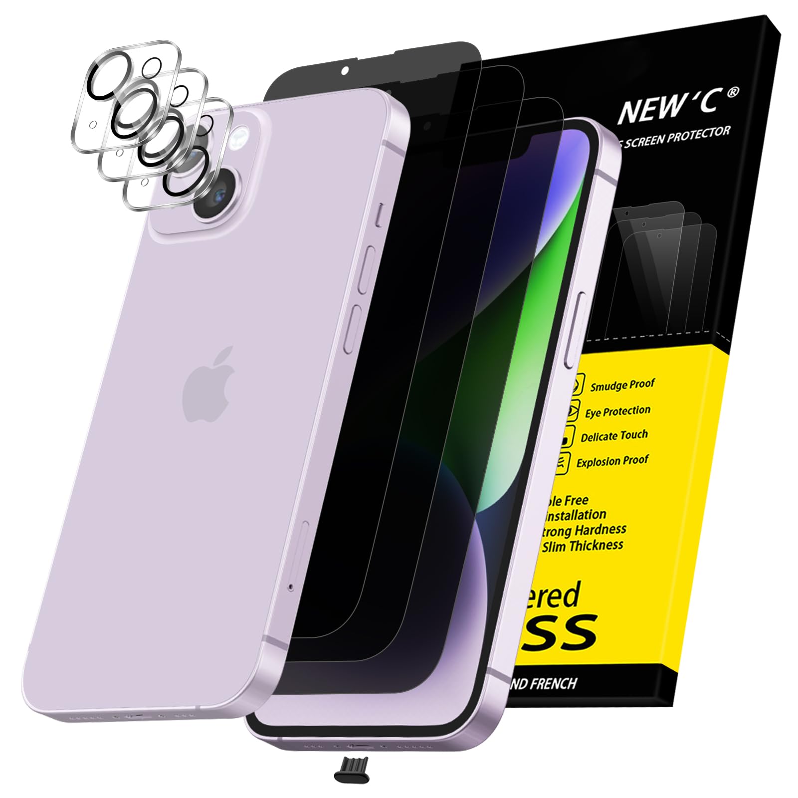 NEW'C 3x Privacy for iPhone 14 Screen Protector (6.1 inches)+ 3x Camera Lens Protector, Sensor Protection, Case Friendly Tempered Glass Film + Dust Plug - Enhanced Privacy Angle of 28 Degrees