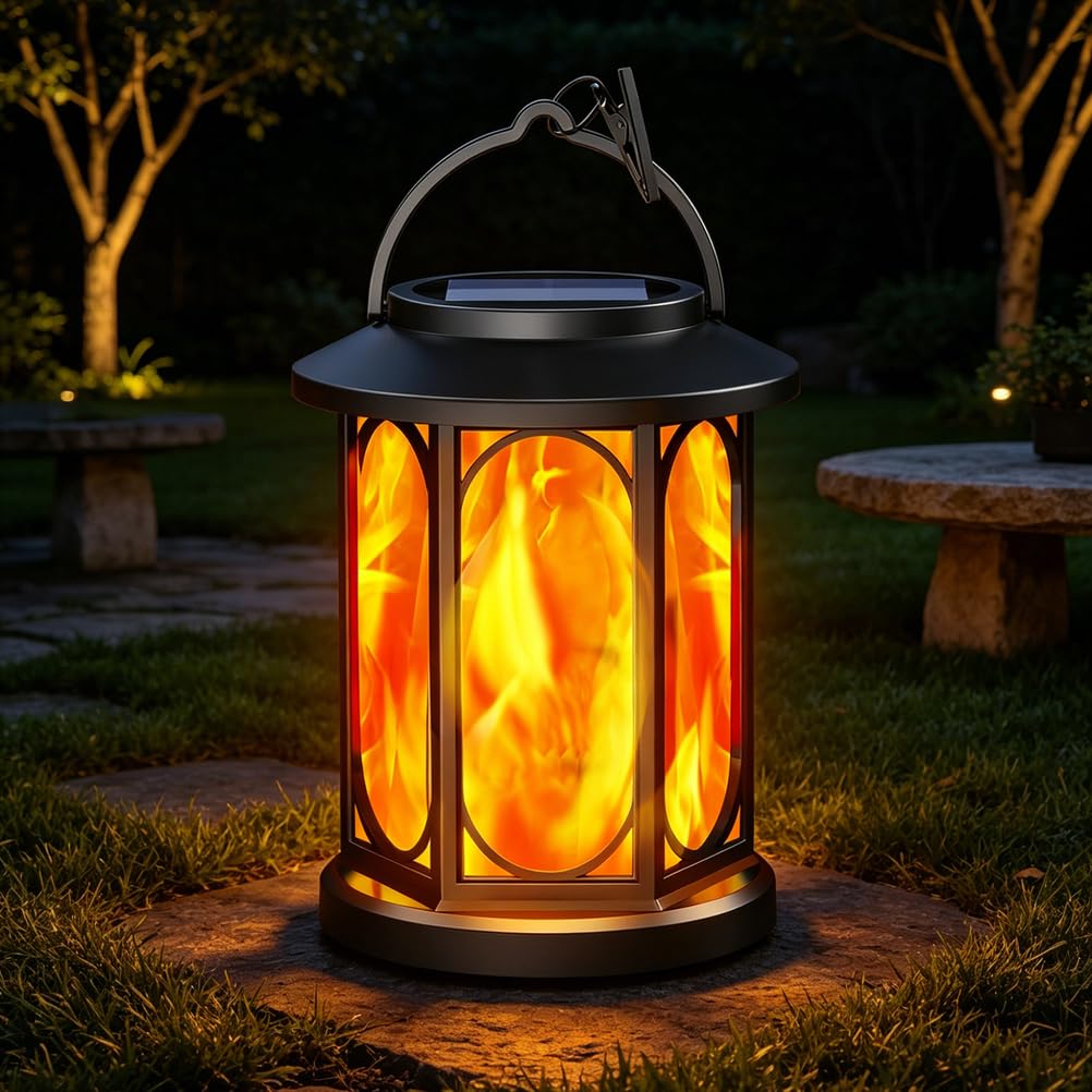 OOWOKS Outdoor Hanging Solar Lamps Outdoor Solar Lanterns with Realistic Flame Effects IP65 Waterproof Solar Lantern Garden Decoration with Flickering Effect for Patios Balconies and Gazebos