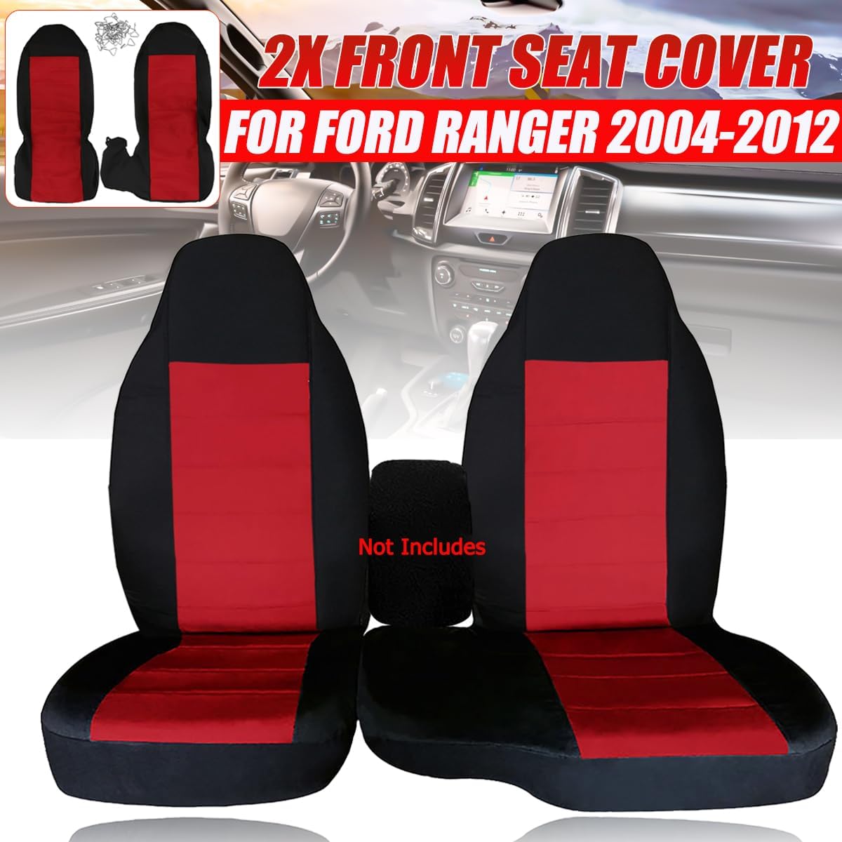 2 PCS Front Seat Covers for 2004-2012 Ford Ranger 60/40 Highback, Breathable Cotton Car Seat Cover Replacement Seat for Ford Ranger 2004-2012,Red