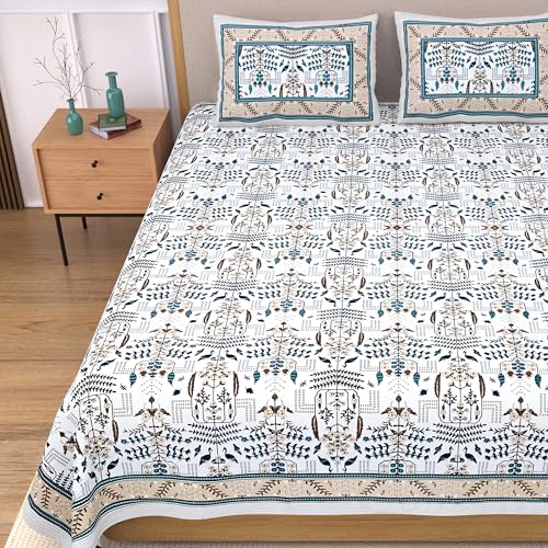 EasyGoods® 100% Pure Cotton Jaipuri Bedsheet with Pillow Covers | Soft & Breathable Fabric | Traditional Floral Print | Cotton Bedsheet (Blue 2, King)