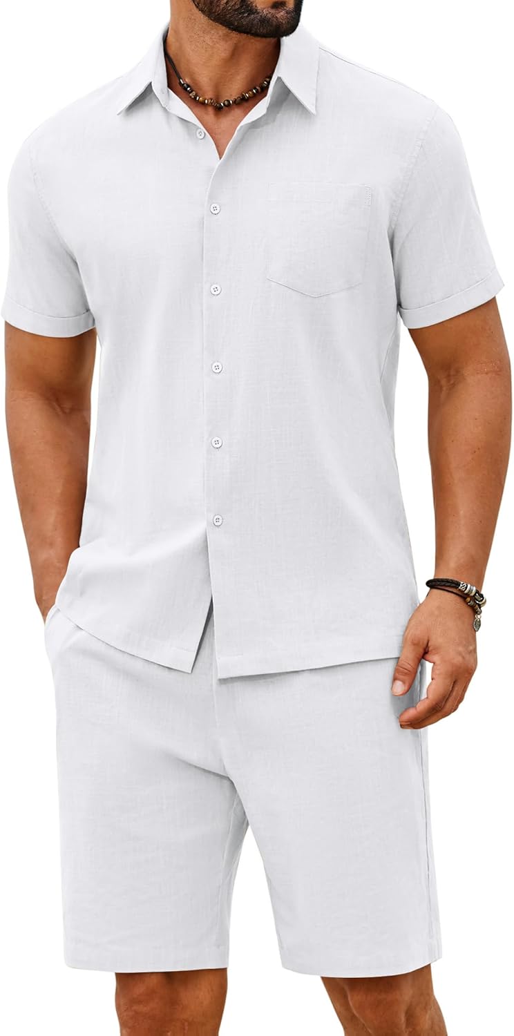 COOFANDY Men's 2 Piece Summer Outfits Short Sleeve Casual Beach Button Down Shirts and Shorts Vacation Cotton Sets