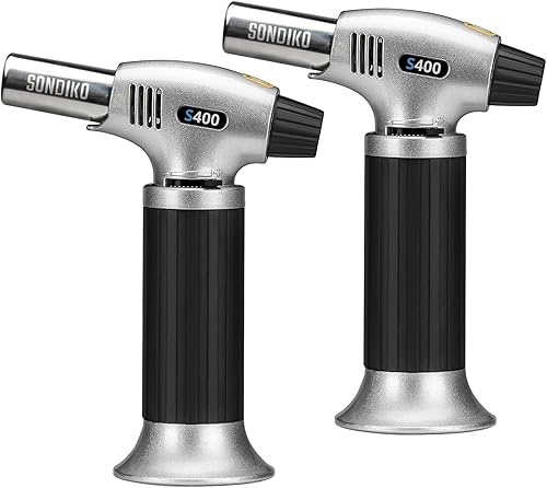 Sondiko Paquete de 2 sopletes de butano S400, encendedor de cocina recargable, compatible con todos los tanques de butano, soplete con bloqueo de