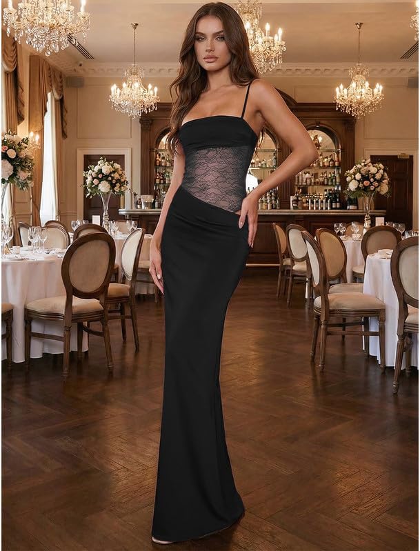 Vestido Largo Mujer Sexy Encaje Patchwork Vestidos de Tirantes Elegante sin Mangas Cuello Cuadrado Maxi Vestido Ajustado Verano Y2k Casual Bodycon Recortado Vestidos de Fiesta Cóctel Club
