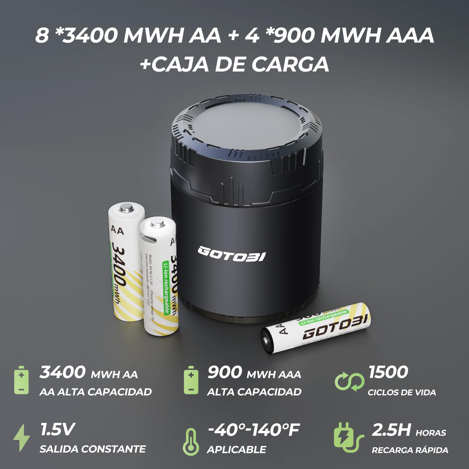 8 Pilas AA Recargables USB-C de 3400 mWh,4 Pilas de Litio AAA de 900 mWh y 1,5 V de Salida Constante con Estuche de Carga rápida，Pilas Recargables con Cargador