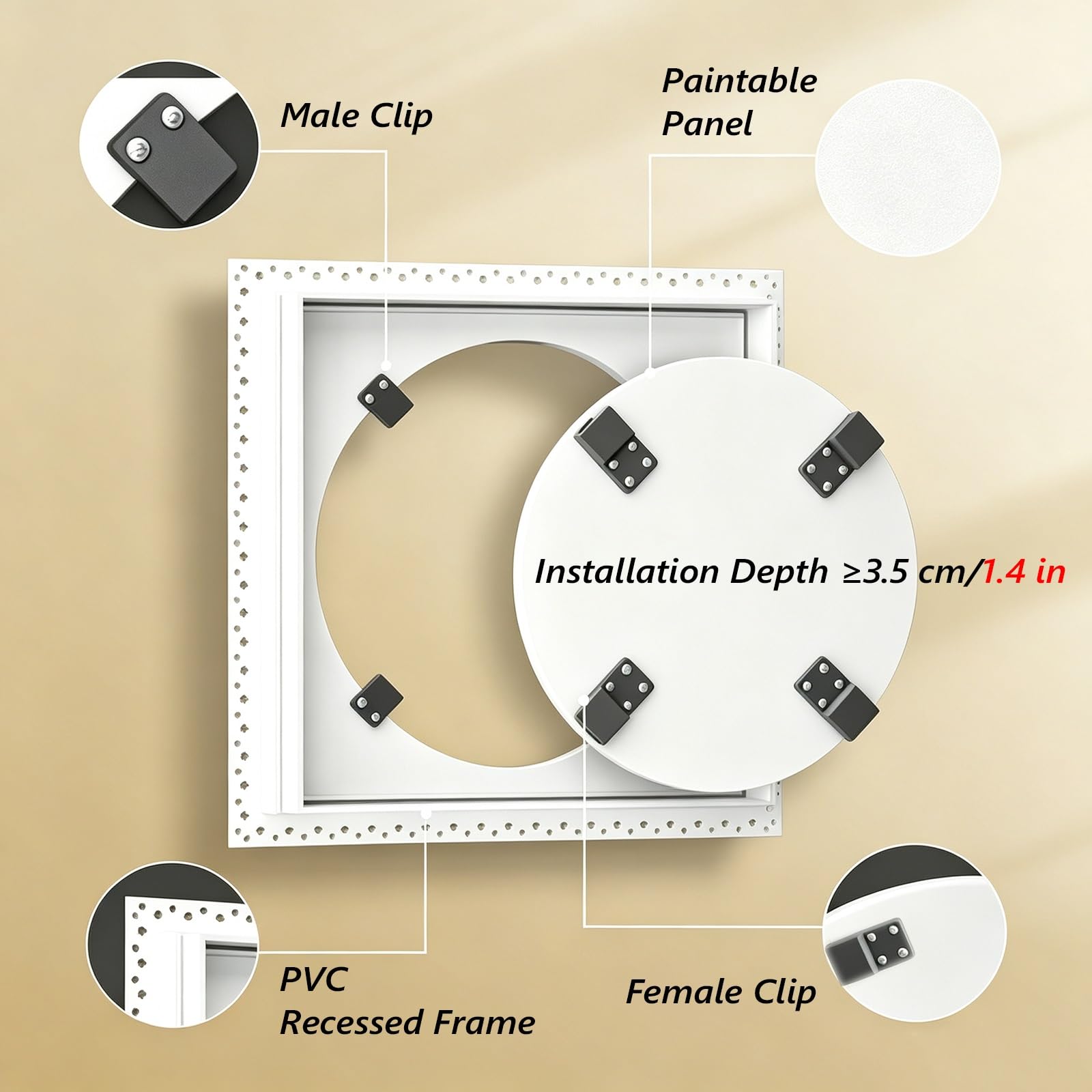 Trampilla de inspección Redonda a Medida Aluminio, pintable | Puerta registrable pintable empotrada con tapa PVC, panel oculto giratorio
