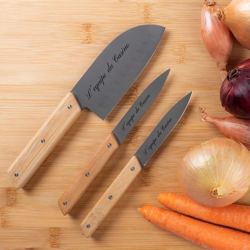Ocadeau Set de 3 cuchillos de cocina grabados - cuchillos de cocina personalizados con texto grabado