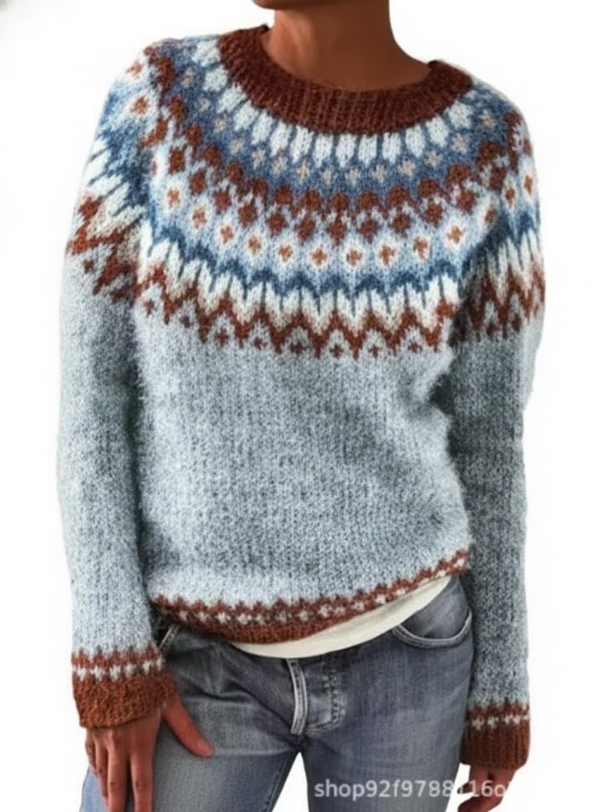 Womens Fair Isle Knit Sweater Vintage Pattern Crewneck Long Sleeve Casual Fall Winter Retro Pullovers for Women
