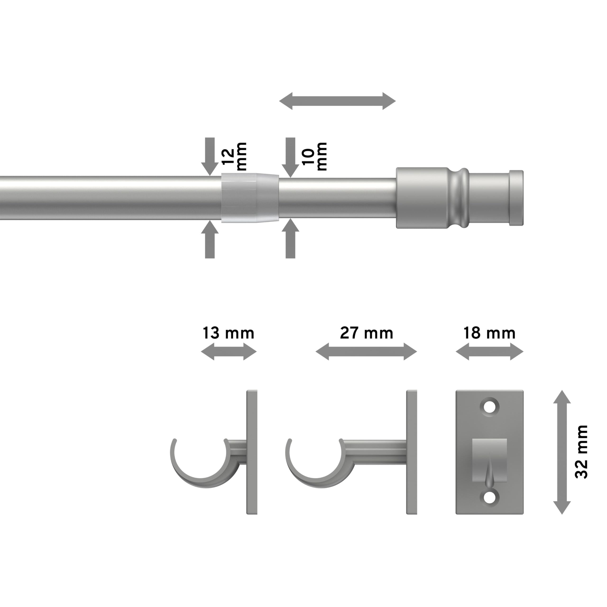 Interdeco Cafehausstangen (2 Stück), Scheibenstangen Silbergrau in 12 mm Ø, Sora, 85-135 cm ausziehbar