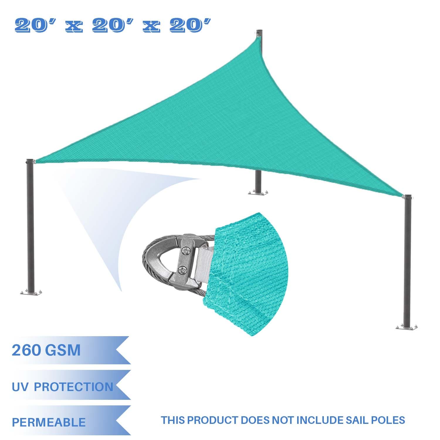 E&K Sunrise 20' x 20' x 20' Sun Shade Sail Triangle Canopy Shade Cover with A Ring Steel Cable Wire UV Block for Pergola Patio Backyard Garden Deck Outdoor (Turquoise)