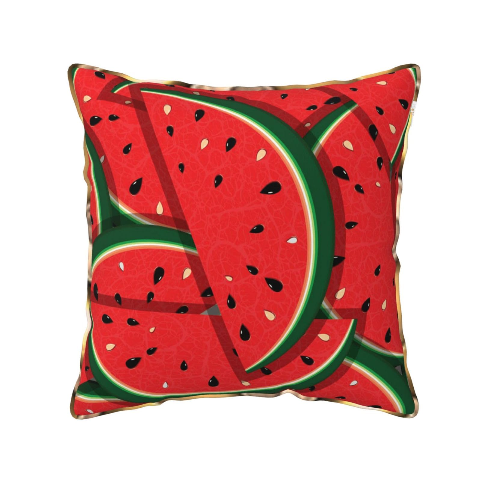 AUBKFELD Red Watermelon Printed Velvet Cushion Cover 45x45 CM with Gold Edging Strip, Square Pillowcase Soft Throw Pillow Covers Case Decorative for Living Room Sofa Couch Bed Bench