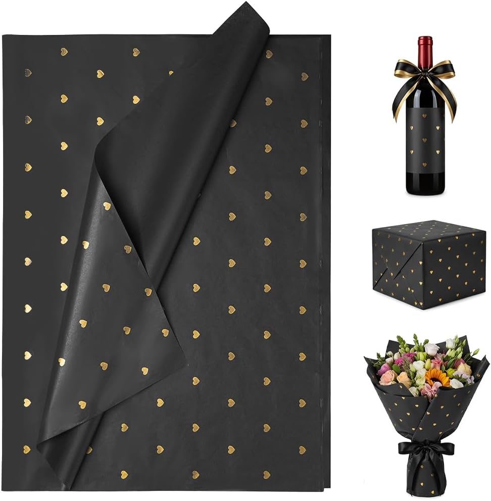 Heart Printed Tissue Paper for Gift Bags, Ggold and Black Flower Gift Wrapping Paper Bulk 30pcs Wedding Mother’s Valentine's Day DIY Crafts Clothes Decor 20 x 28 inch