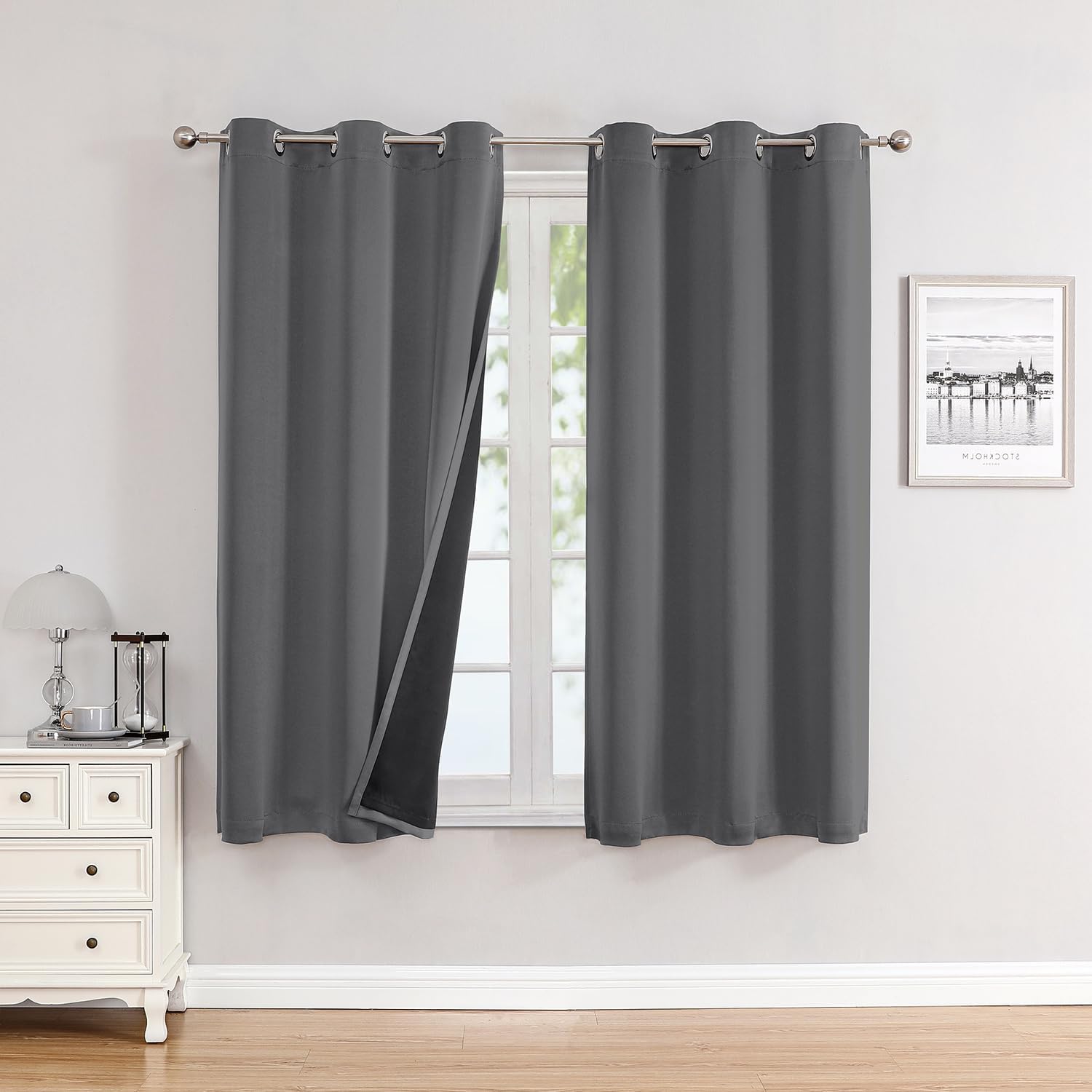 ChrisDowa 100% Blackout Curtains 63 inch Long for Bedroom with Black Liner, 2 Thick Layers Total Blackout Thermal Insulated Grommet Window Curtains 2 Panels Set (Grey, 38 x 63 Inch) 38"W x 63"L (Pack of 2) Grey