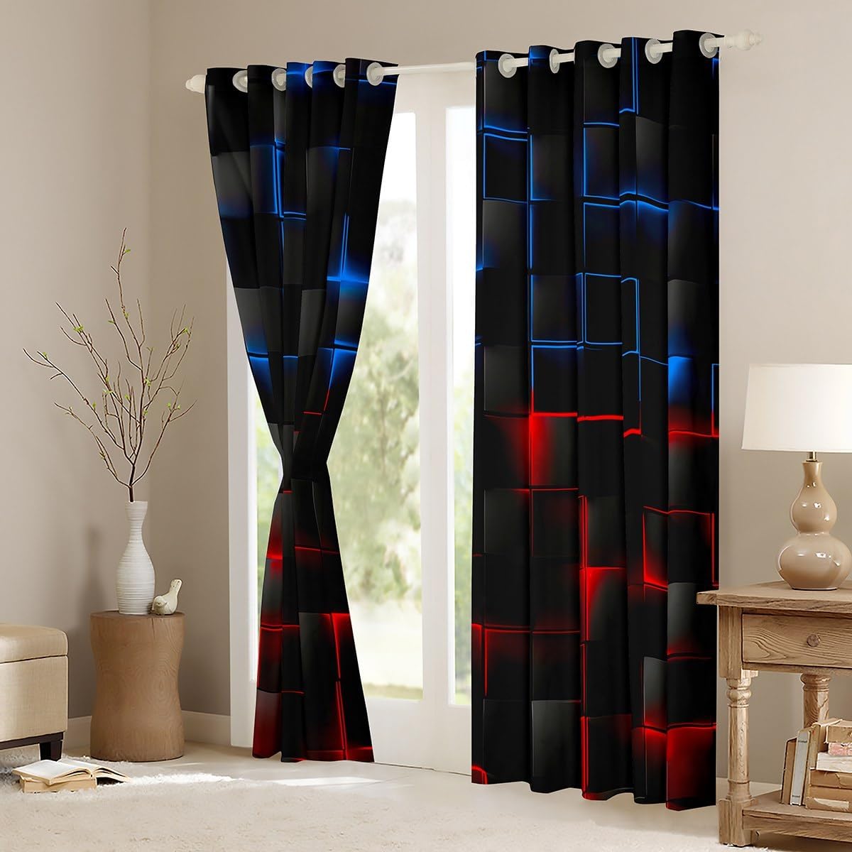 Feelyou Red Blue and Black Curtains for Bedroom Living Room (2 Panels, 52 x 84 Inch) Kids Light Geometric Blackout Curtains Boys Darkening Drapes Modern Style Window Treatments