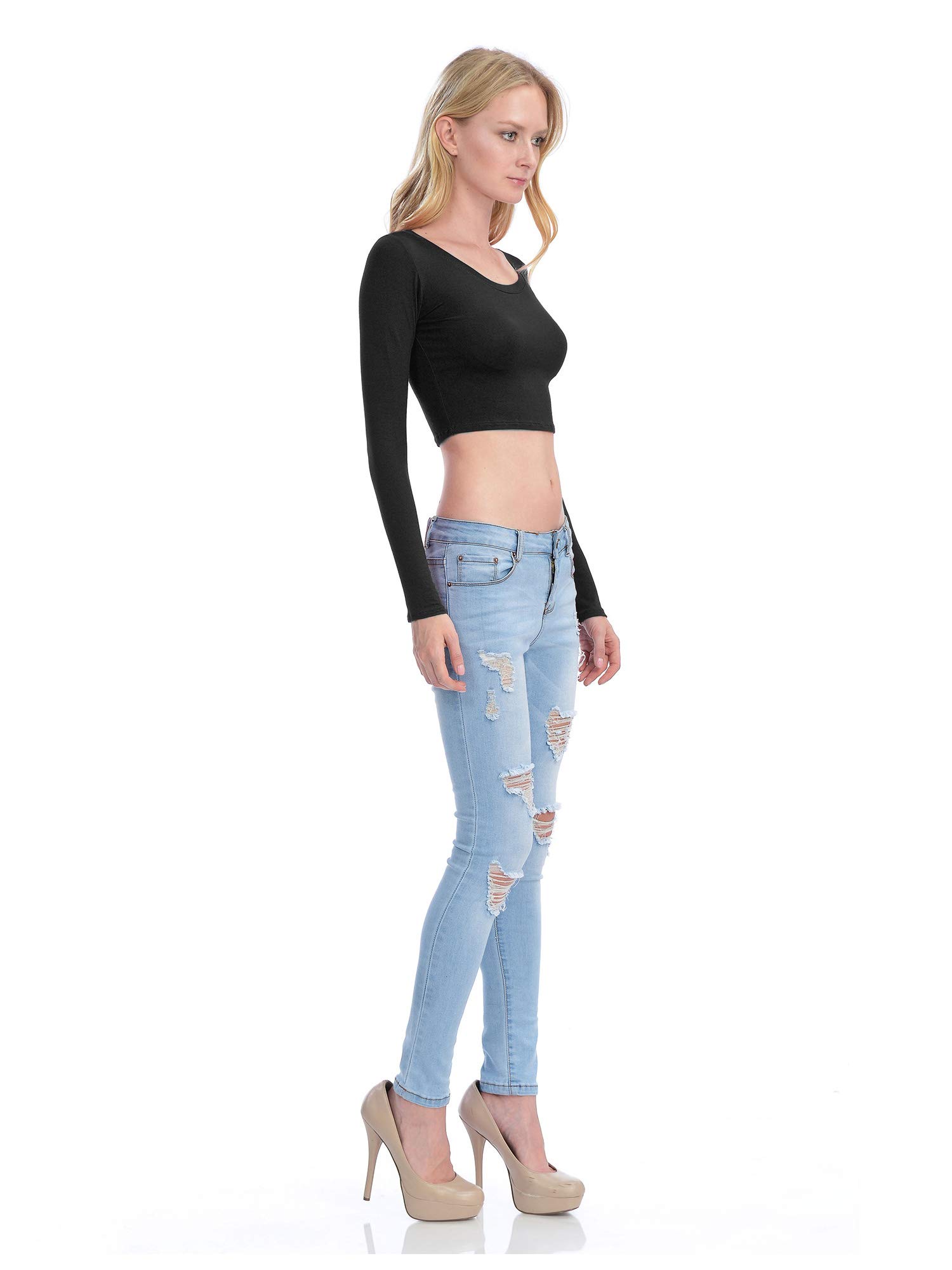 KOGMO Womens Long Sleeve Crop Top Solid Round Neck T Shirt: Medium 224_black