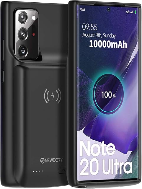 NEWDERY Galaxy Note 20 Ultra Battery Case 10000mAh, Fast Charging & Qi Wireless & Android Auto & Samsung Dex Supported, Extended Backup Charger Case for Galaxy Note 20 Ultra 5G(6.9) Black