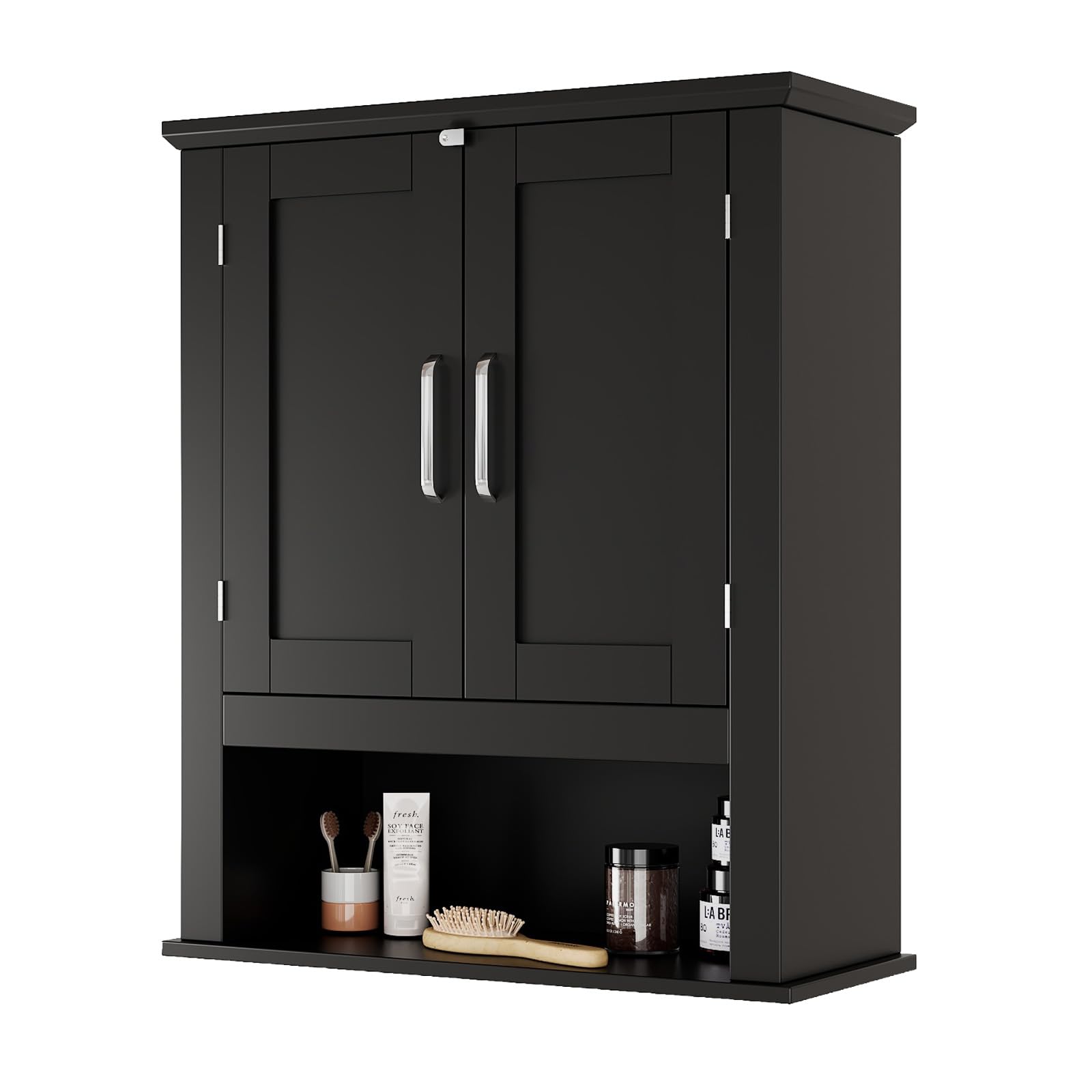 Bonnlo Bathroom Wall Cabinet, Wall Mounted Storage Bathroom Cabinet with Adjustable Shelf, Open Compartments and 2 Doors, Storage Cupboard Over The Toilet, 20 x 60 x 70 cm, for Entryway Kitchen, Black