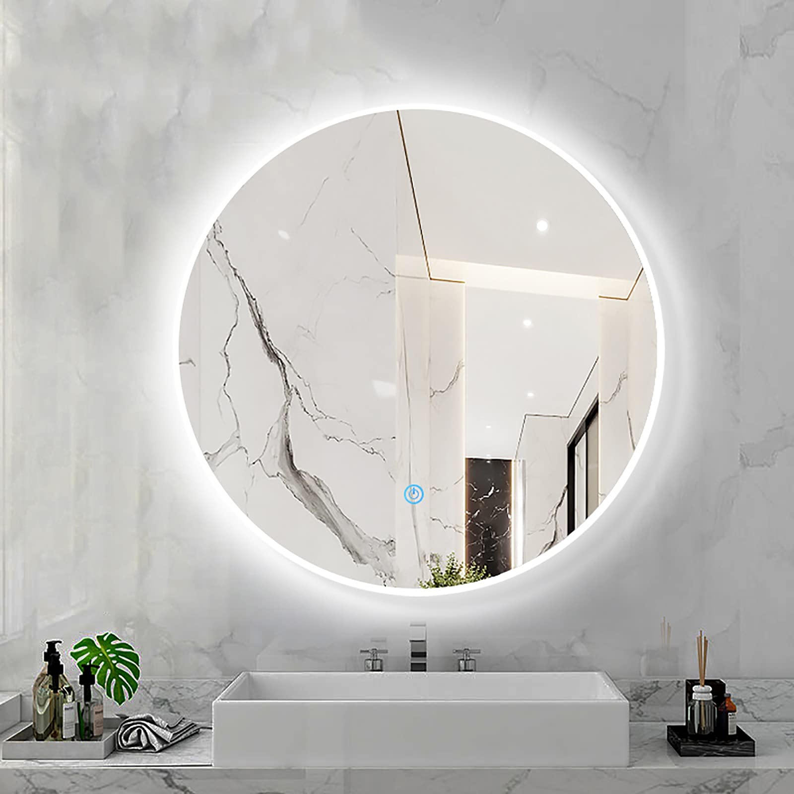 SXFSDOU Modern Round Bathroom Illuminated Mirror with Sensor Touch Control 3 Colour Dimming Function Wall Mounted LED Backlit Makeup White Frame 70X70CM