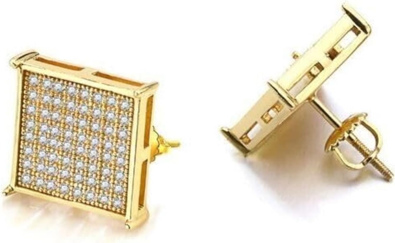 Big Square Flat Screen Iced Hip Hop Earrings CZ 925 Sterling Silver Gold Plated Cubic Zirconia CZ Screw Back Gift For Mens Women's