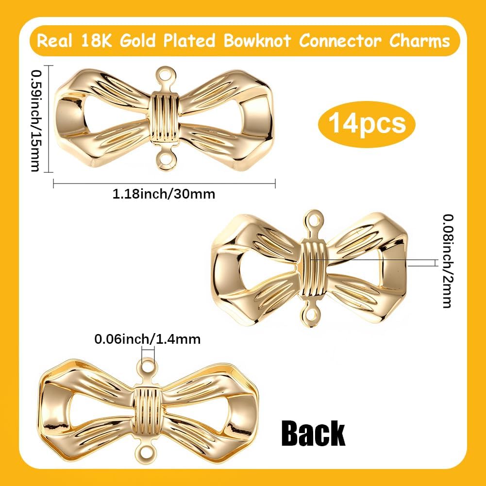 Beebeecraft 1 Box 14Pcs Bow Connector Charms 18K Gold Plated Brass Bowknot Double Connector Charms Link with Loops for Jewelry Making Necklace Bracelets DIY Crafts - Image 2