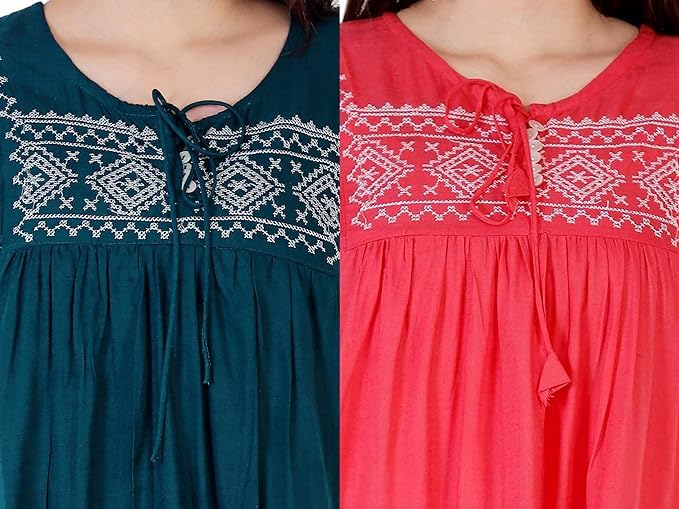Image of Shiva Fab Short Kurti for Women | Embroidered Straight Rayon Kurta | Round Neck Full Sleeves Short Kurti for Women's Combo Pack of 2