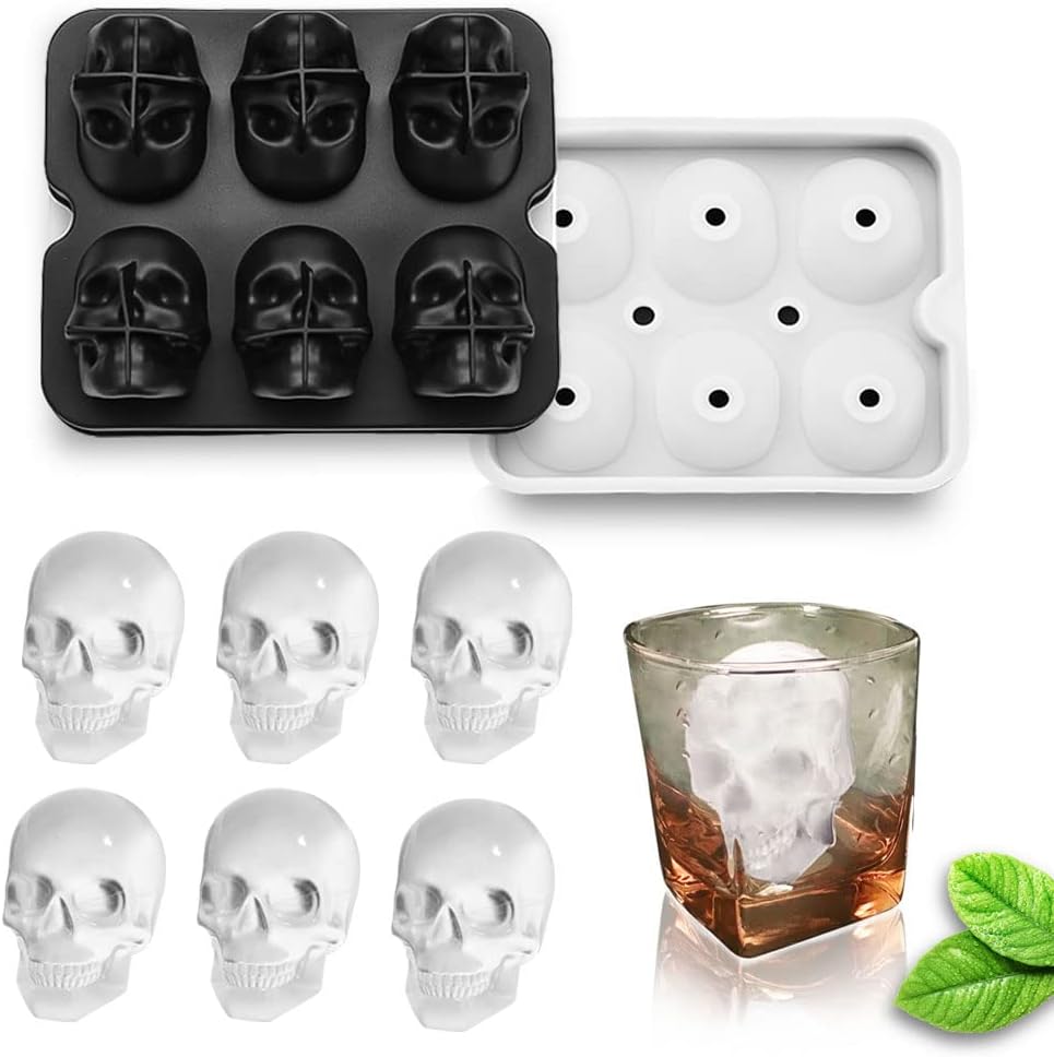 Large Skull Ice Cube Mold Silicone Ice Cube Tray with Transparent lid, A Set of 6 Flexible Silicone Ice Maker, Ice Trays for Freezer for Whiskey, Cocktails, Champagne and Drinks