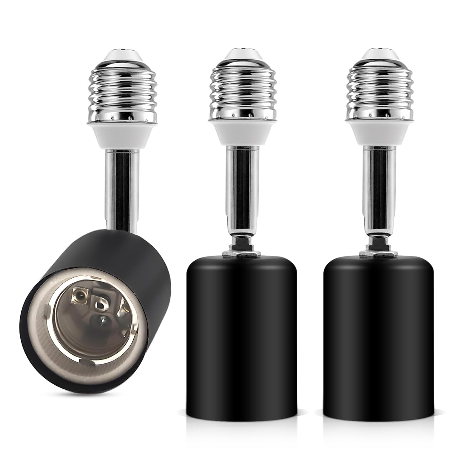 3 PCS Black Ceramic & Metal E26 Light Socket Extender - 5.5",90° Vertical & 360° Horizontal Adjustable, 110V-240V, 150W Max, Fire-Resistant, Light Bulb Extender for Brighter Light