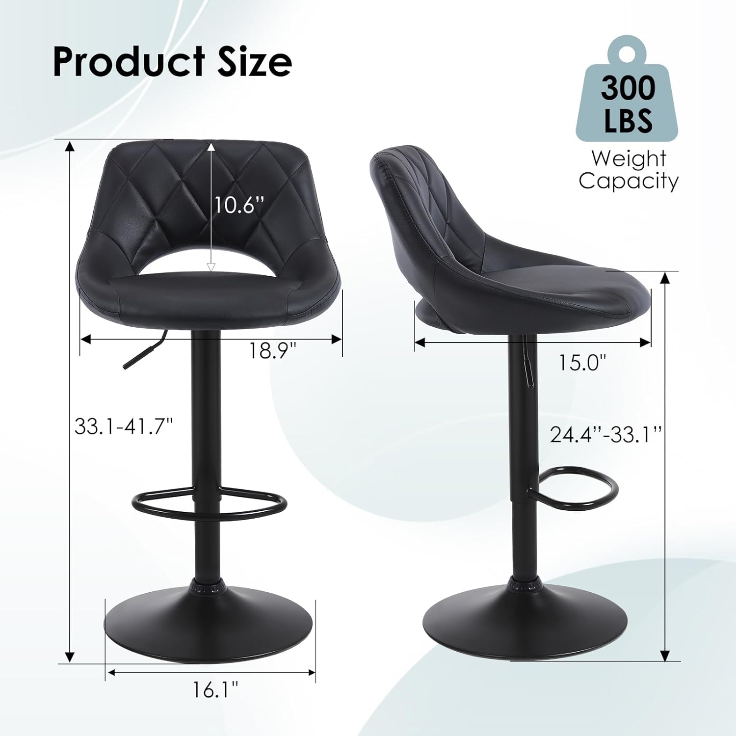 Swivel Bar Stools Set of 4, Adjustable PU Leather Barstools Chairs with Hollow Back, Upholstered Counter Height Stools with Black Base for Kitchen Dining Pub Cafe, Black