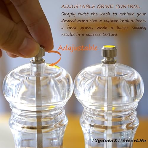 Miniatura 4 de BigData&BetterLife Juego de molinillo de sal y pimienta acrílico transparente, juego de molinillo de sal y pimienta manual ajustable, rotador de