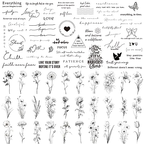 Esland Realistic Temporary Tattoos - 60 Sheets Small Fake Tattoos, 30 Pcs Meaningful Scripts Words Tattoos, 30 Pcs Line Art Wild Flower Nature Tattoo Stickers for Women and Men