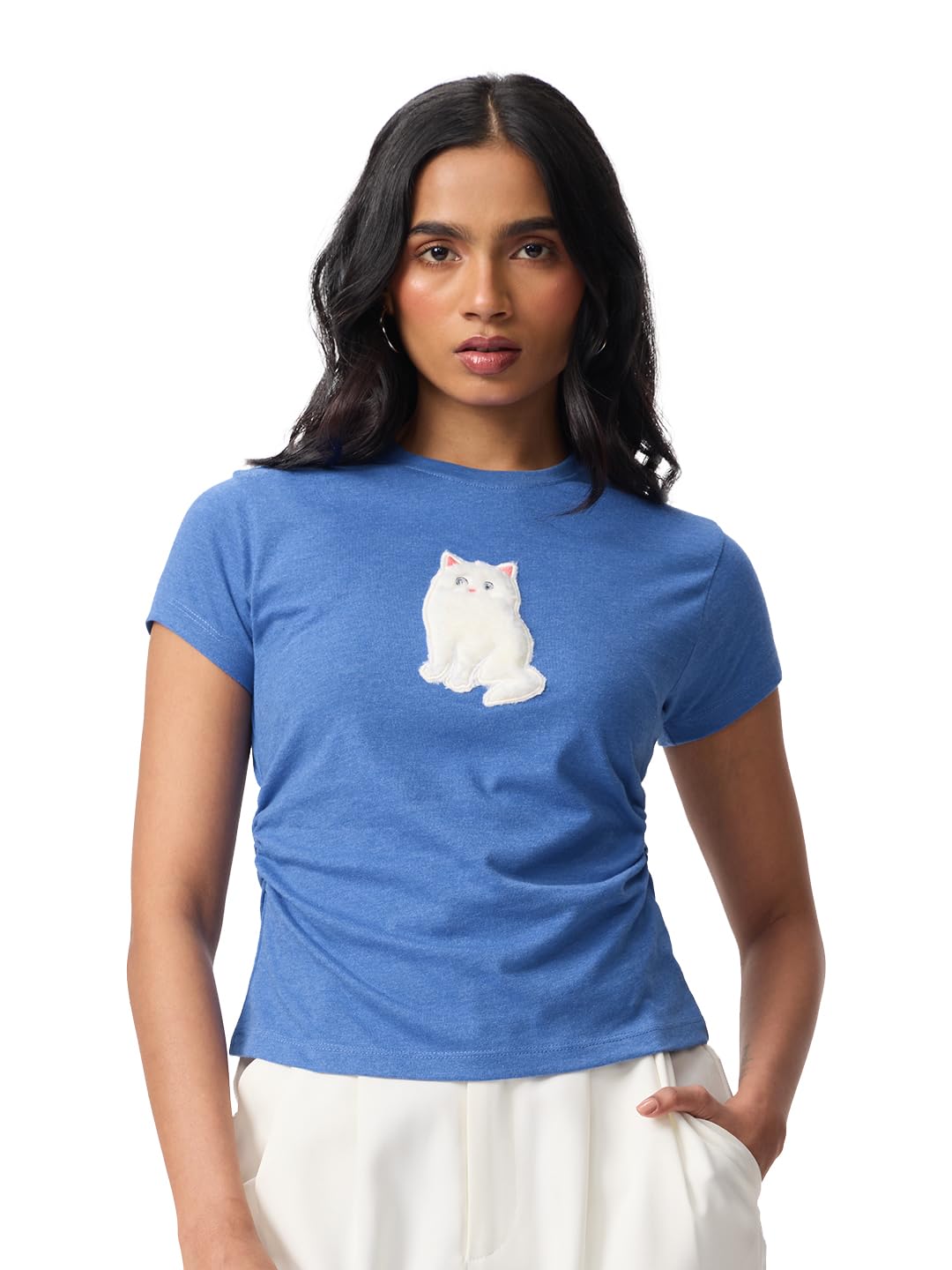 T-shirt chat en fourrure col rond avec applique texturée bleu - 7