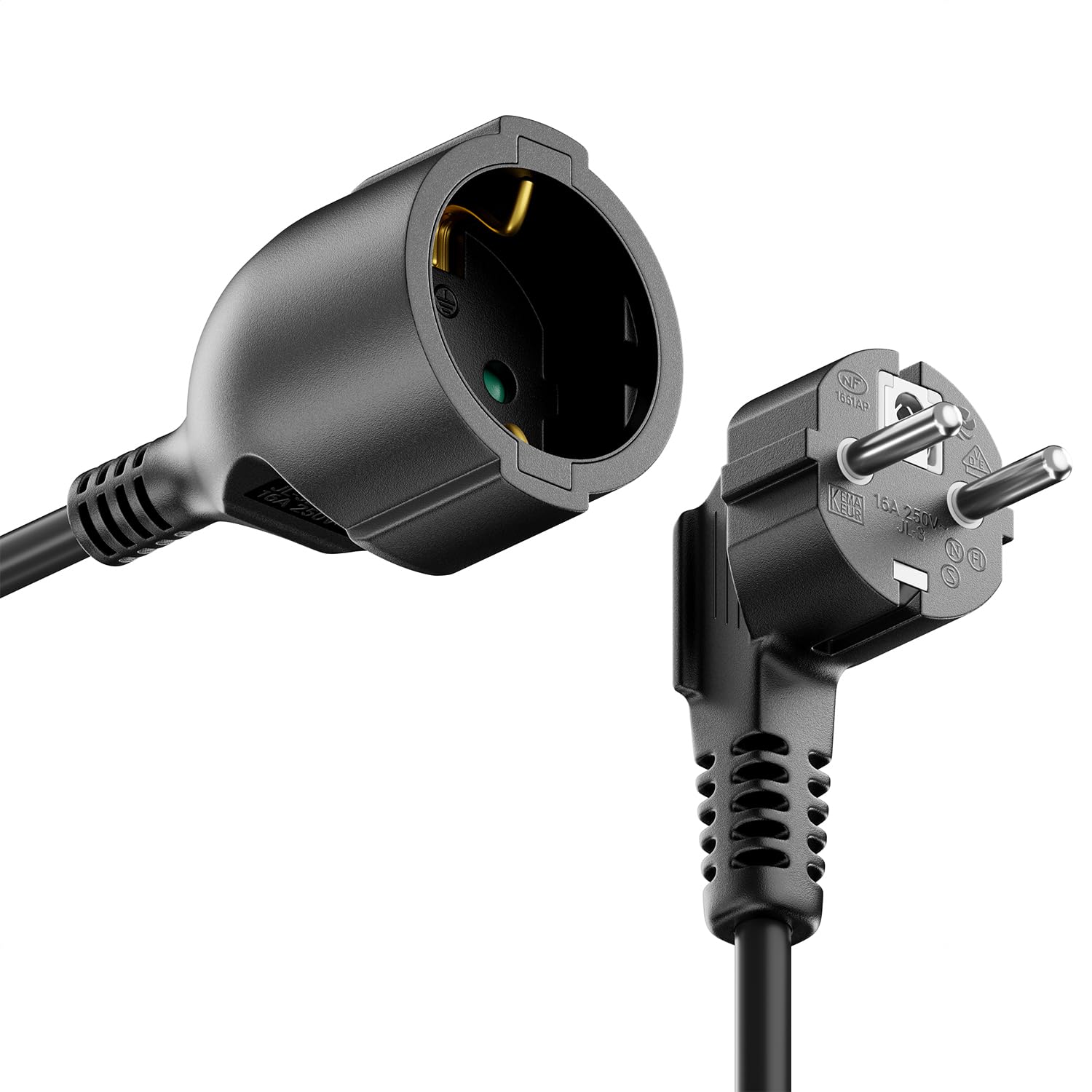 deleyCON 5m Cavo di Prolunga con Spina Tipo F (CEE 7/7) Angolato a 90° a Spina (CEE 7/3) - Cavo di Alimentazione per TV, PC, Computer, Proiettore - Nero