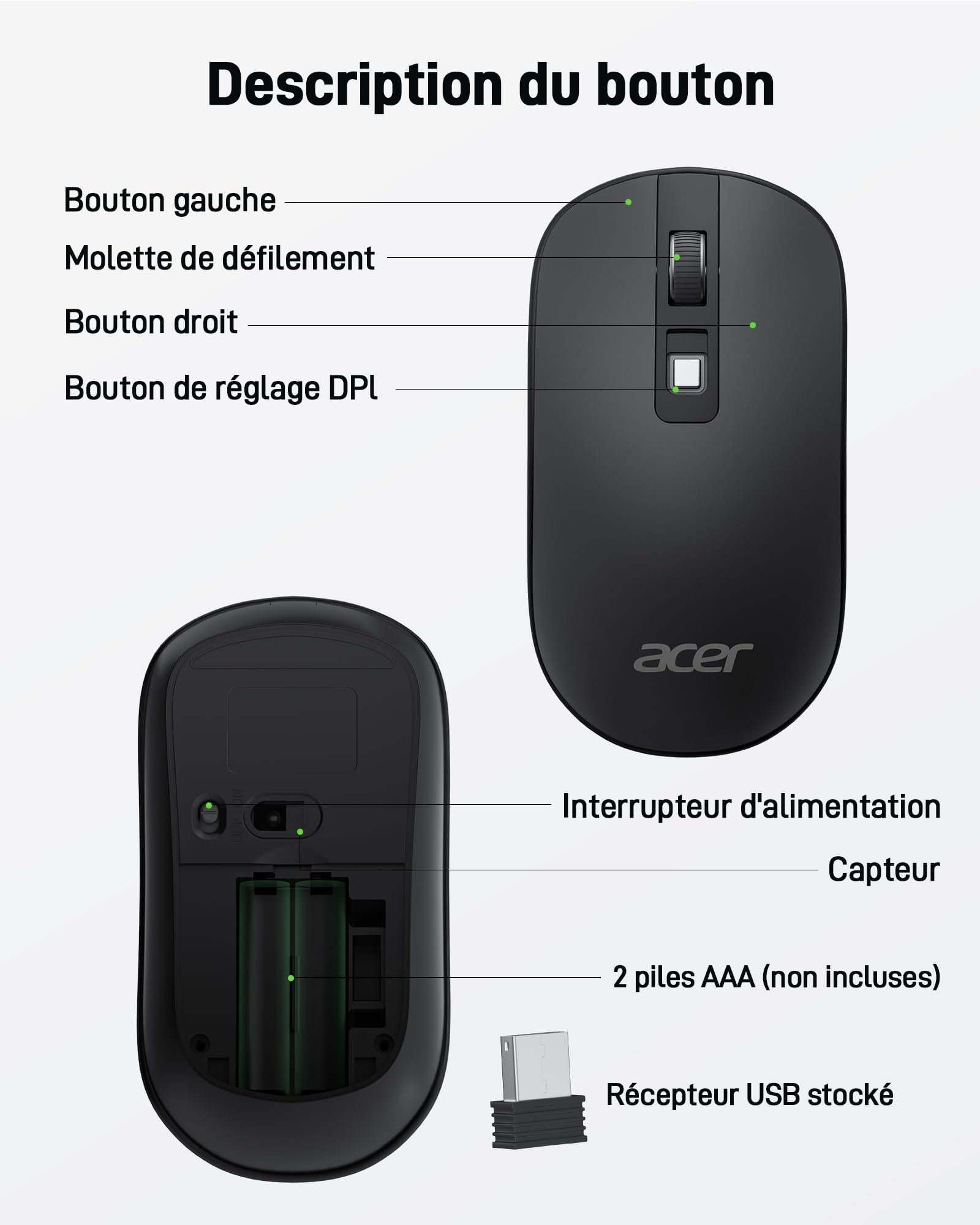 acer Mouse wireless, mouse ottico a 4 pulsanti programmabile a 2,4 GHz 1600 DPI, ambidestro ed ergonomico, connessione o ricevitore USB multi-dispositivo per laptop/computer/telefono/tablet