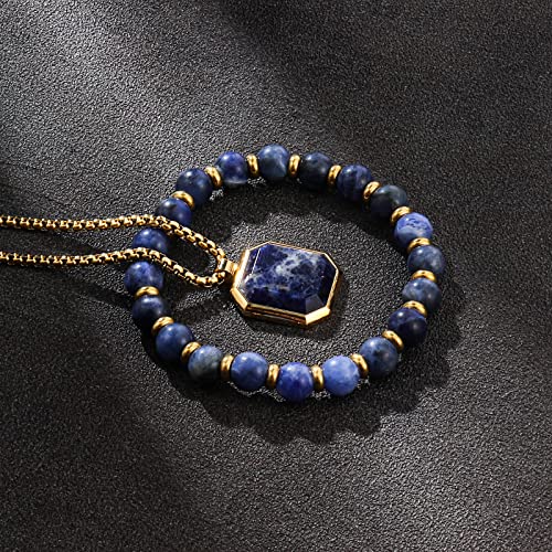 Caritate Mens Black Onyx Crystal Necklace Beaded Bracelet Jewelry Set For Men - Spiritual Healing Energy Natural Gemstone Gifts For Men, Boyfriend, Husband, Dad, Son - Elastic Rope Bracelet 8Mm #TOP1