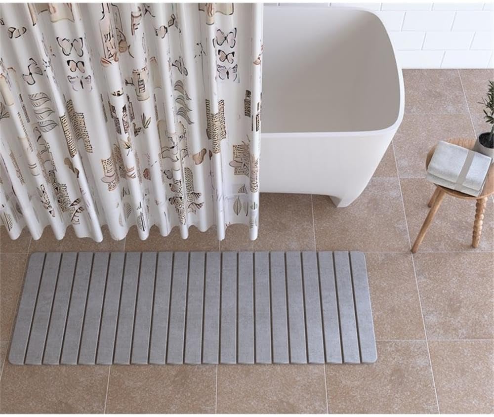 Pemberly Row 58x21 Modern Diatomite Stone Bath Mat, Gray Finish, Quick Drying Slatted Design, Highly Absorbent for Bathroom Floor or Shower Use, Extra Large Size