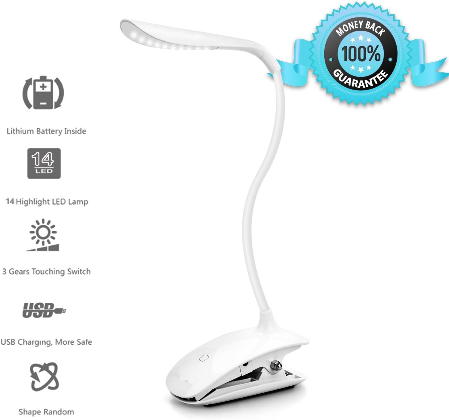Hemara LED Desk Clip Lamp, 2 in 1 (Stand on Own & Clip Everywhere) Gooseneck Tube Touch Sensitive LED USB Portable Rechargeable Dimmable Portable Lightweight Table Reading Study Lamp Light