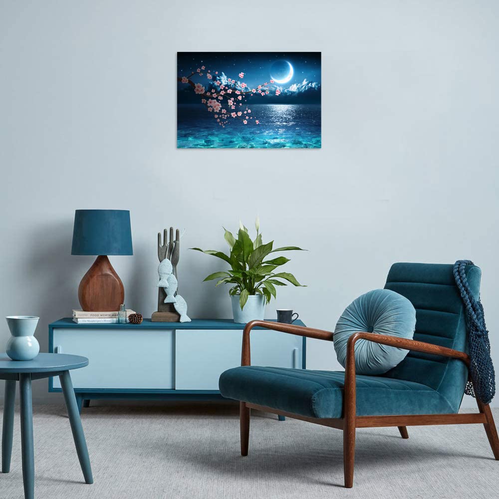 Amazon.co.jp: TutuBeer 桜 月 海 アート 満月の夜の咲く木 風景画