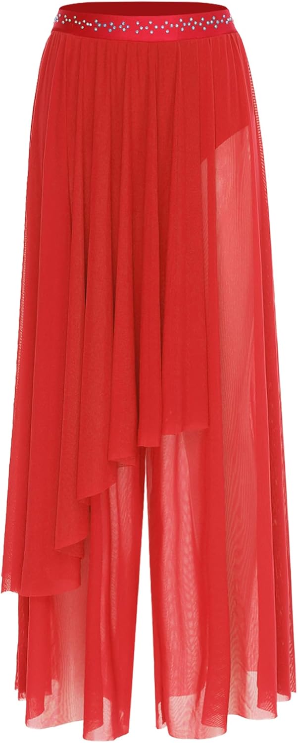 Alvivi Women Modern Lyrical Dance Outfit Rhinestone Crop Tops with Wide Leg Pants Contemporary Dancewear Red X-Large