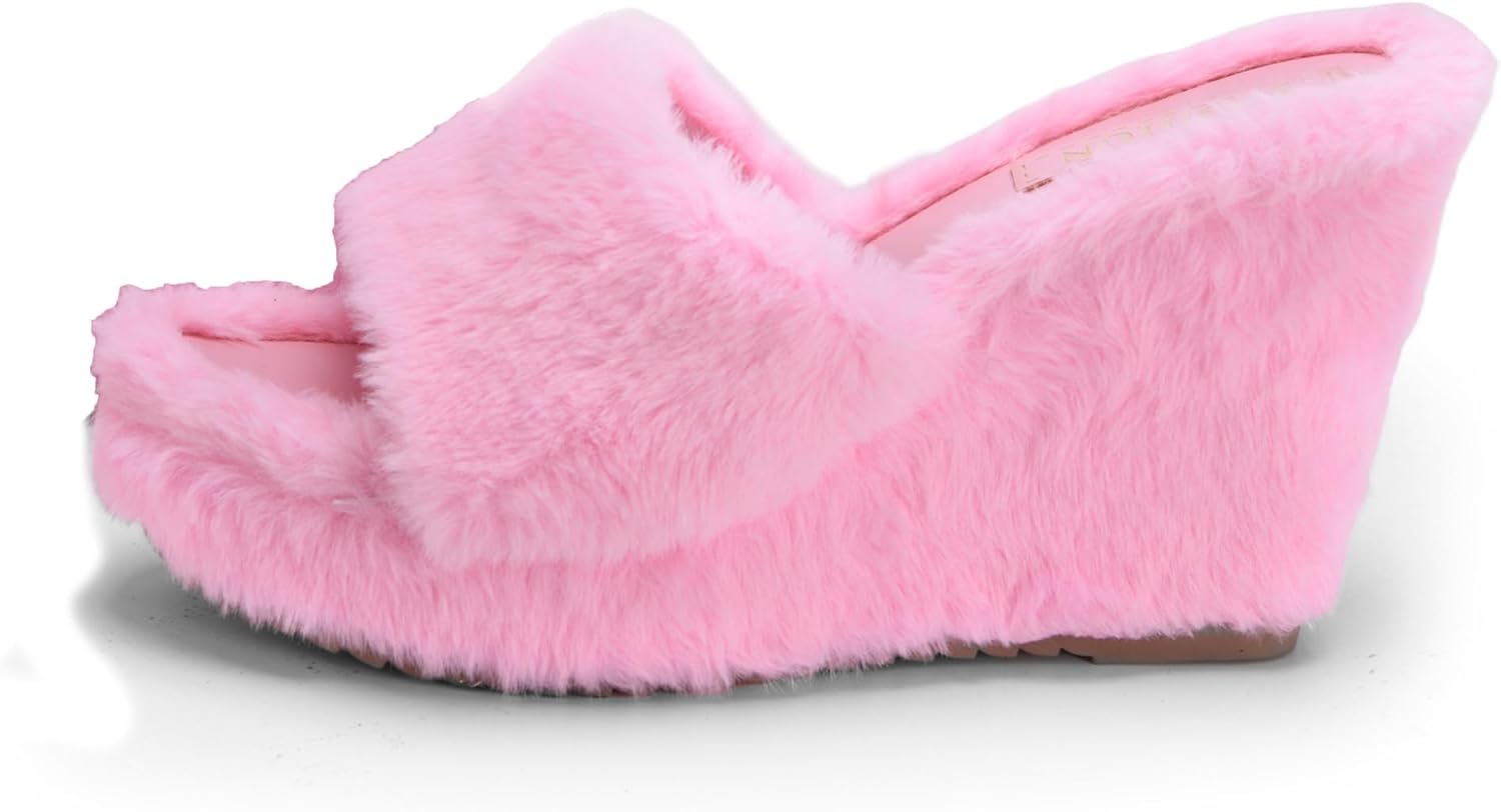 YSMIIH Women Fluff Wedge Slippers Fashion Sandals Plush Platform