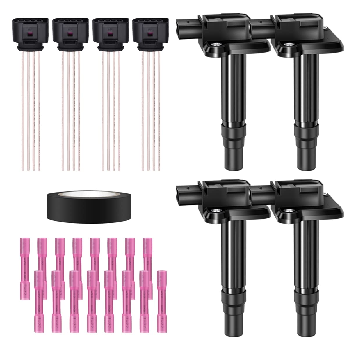 Set of 4 Ignition Coils Pack &amp; Pigtail Connector Wiring Harness Kit Compatible with Audi A4 A6 A8 RS6 TT Volkswagen Beetle Passat 1.8L L4 4.2L V8 Replacement for UF274 52-1694